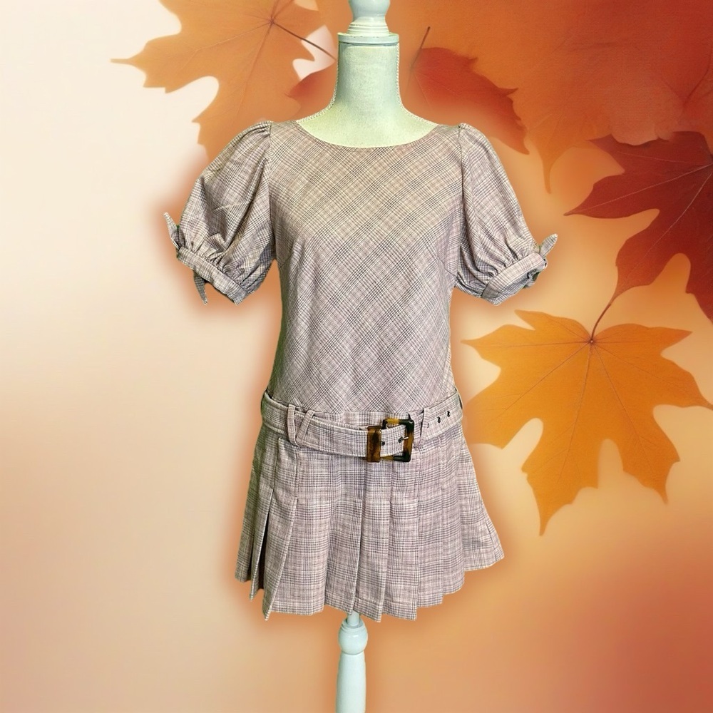 NWOT Free People ‘Sevi’ Plaid Belted Mini Dress in “Gray & Pink Combo” Sz Small - Picture 3 of 16